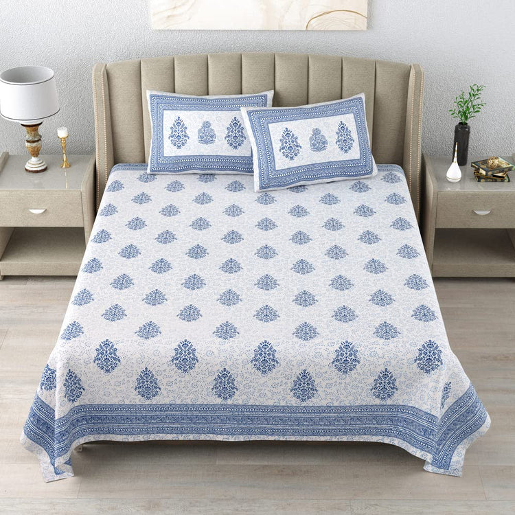 100% Cotton Block Print Bedsheet- Blue