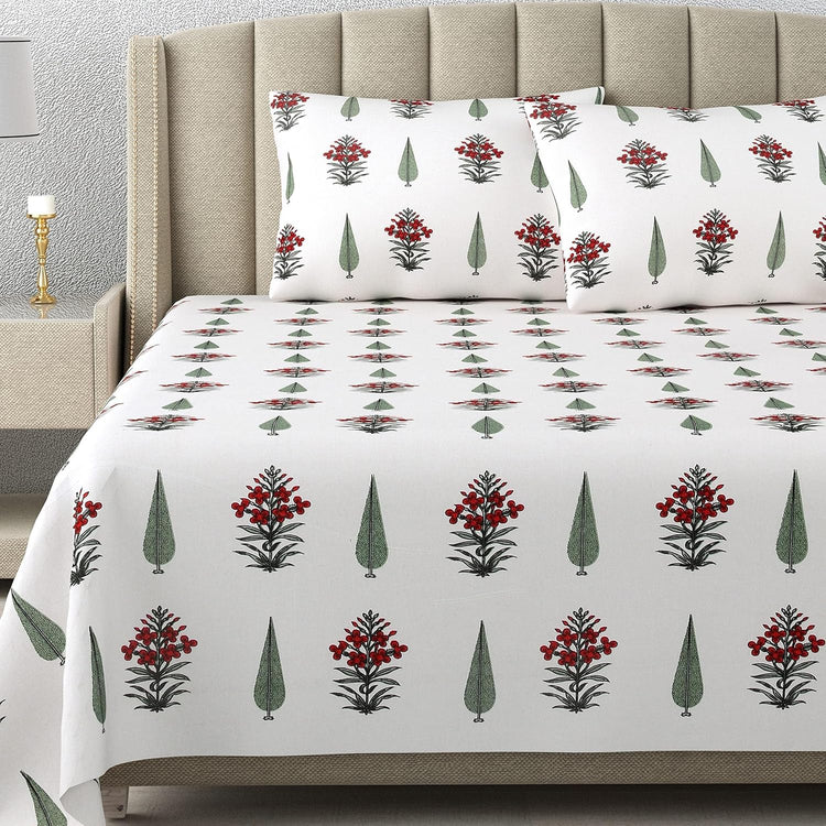 100% Cotton 300 TC King Size Bedsheet Combo Set for Double Bed 90x108 Inches with 4 Pillow Covers 17x27 | Hand Block Printed Bedsheet Combo – Red/Blue | Combo Offer