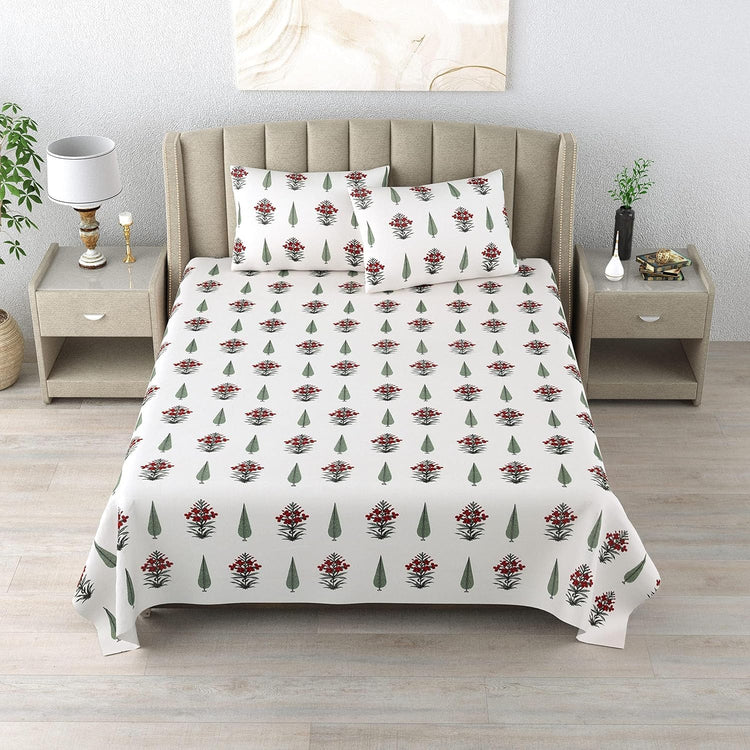 100% Cotton 300 TC King Size Bedsheet Combo Set for Double Bed 90x108 Inches with 4 Pillow Covers 17x27 | Hand Block Printed Bedsheet Combo – Red/Blue | Combo Offer