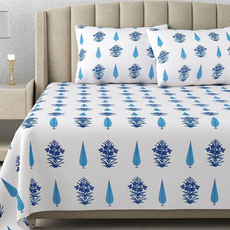 100% Cotton 300 TC King Size Bedsheet Combo Set for Double Bed 90x108 Inches with 4 Pillow Covers 17x27 | Hand Block Printed Bedsheet Combo – Red/Blue | Combo Offer