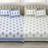 100% Cotton 300 TC King Size Bedsheet Combo Set for Double Bed 90x108 Inches with 4 Pillow Covers 17x27 | Hand Block Printed Bedsheet Combo – Blue/Green | Combo Offer