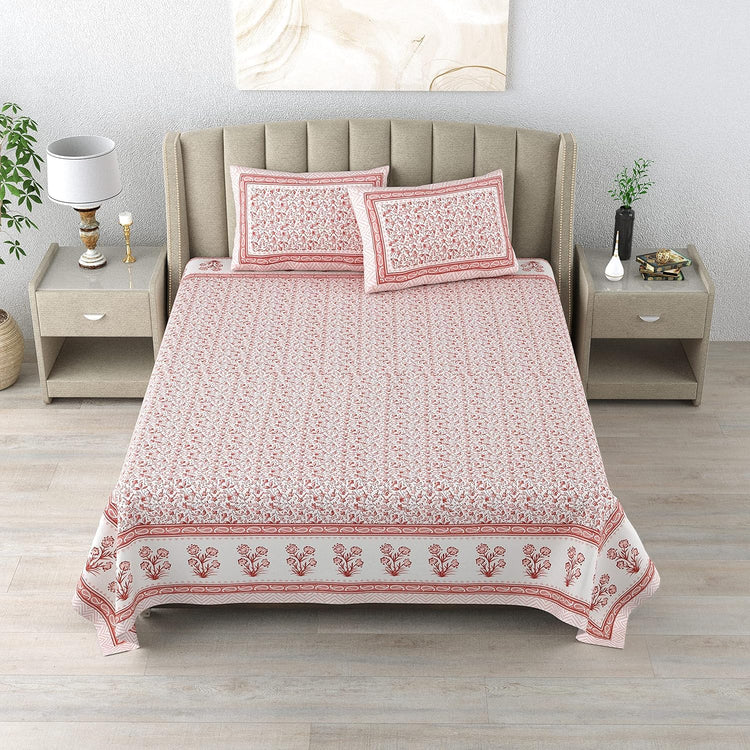 100% Cotton 300 TC King Size Bedsheet Combo Set for Double Bed 90x108 Inches with 4 Pillow Covers 17x27 | Hand Block Printed Bedsheet Combo – Pink/Blue | Combo Offer