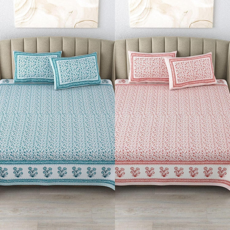 100% Cotton 300 TC King Size Bedsheet Combo Set for Double Bed 90x108 Inches with 4 Pillow Covers 17x27 | Hand Block Printed Bedsheet Combo – Pink/Blue | Combo Offer