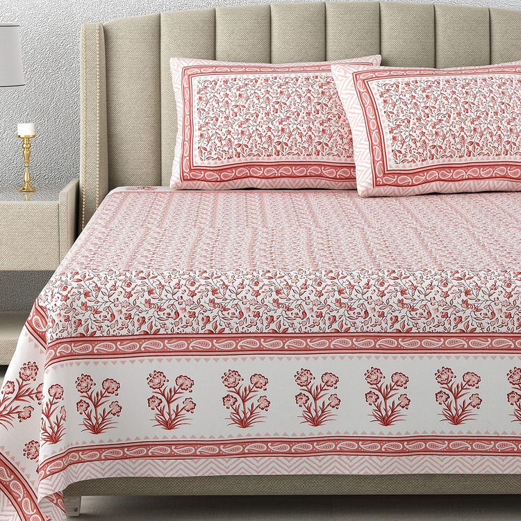 100% Cotton 300 TC King Size Bedsheet Combo Set for Double Bed 90x108 Inches with 4 Pillow Covers 17x27 | Hand Block Printed Bedsheet Combo – Pink/Blue | Combo Offer