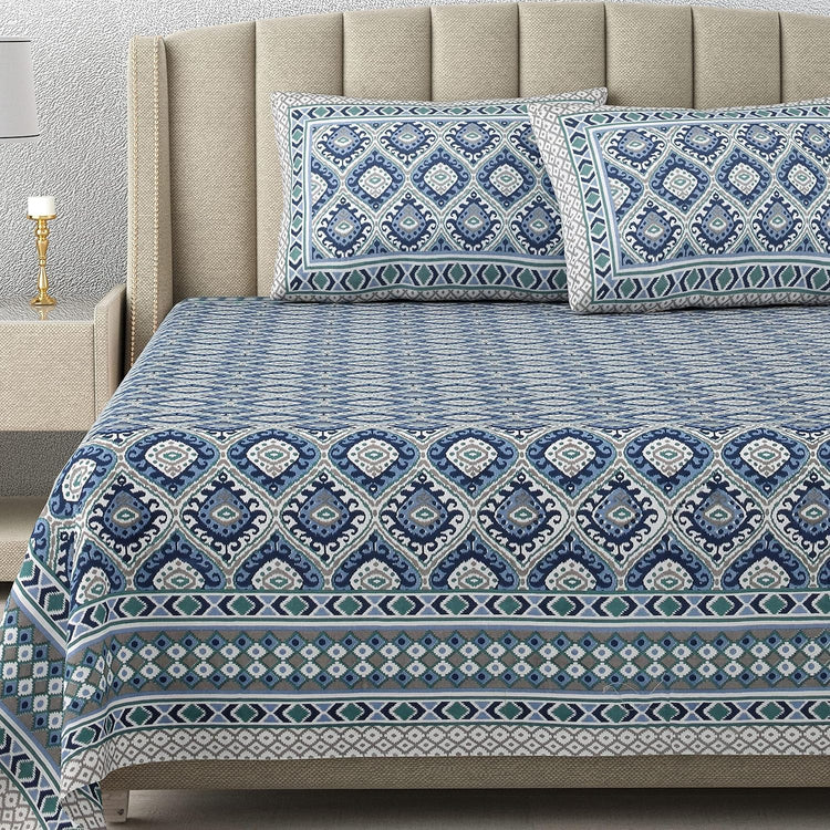 100% Cotton 300 TC King Size Bedsheet Combo Set for Double Bed 90x108 Inches with 4 Pillow Covers 17x27 | Hand Block Printed Bedsheet Combo – Ikat Red/Ikat Blue | Combo Offer