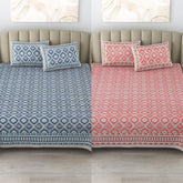 100% Cotton 300 TC King Size Bedsheet Combo Set for Double Bed 90x108 Inches with 4 Pillow Covers 17x27 | Hand Block Printed Bedsheet Combo – Ikat Red/Ikat Blue | Combo Offer