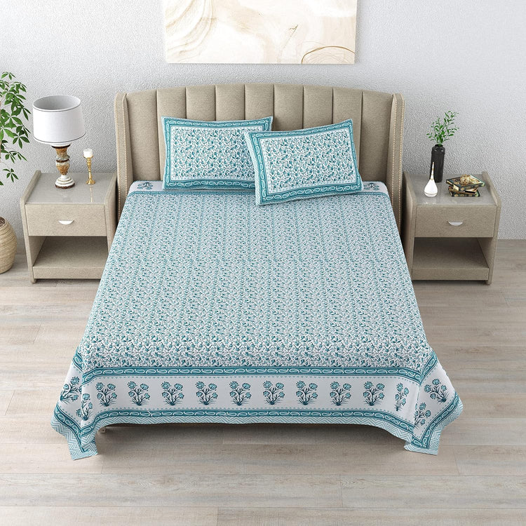 100% Cotton 300 TC King Size Bedsheet Combo Set for Double Bed 90x108 Inches with 4 Pillow Covers 17x27 | Hand Block Printed Bedsheet Combo – Pink/Blue | Combo Offer