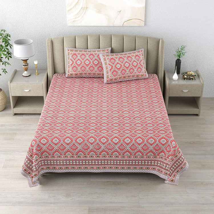 100% Cotton 300 TC King Size Bedsheet Combo Set for Double Bed 90x108 Inches with 4 Pillow Covers 17x27 | Hand Block Printed Bedsheet Combo – Ikat Red/Ikat Blue | Combo Offer