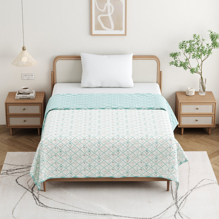Cotton Mulmul Dohar For Single Bed Size - Garden Of Tulip - Green Dohar