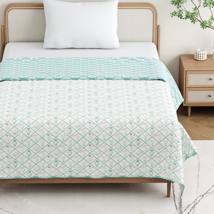 Cotton Mulmul Dohar For Single Bed Size - Garden Of Tulip - Green Dohar
