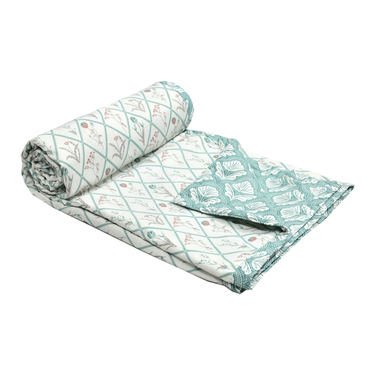 Cotton Mulmul Dohar For Single Bed Size - Garden Of Tulip - Green Dohar