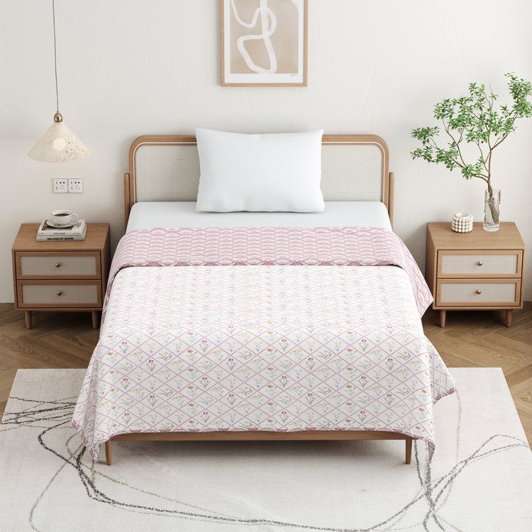 Cotton Mulmul Dohar For Single Bed Size Garden Of Tulip - Pink Dohar