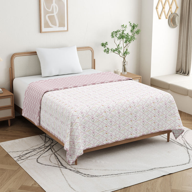 Cotton Mulmul Dohar For Single Bed Size Garden Of Tulip - Pink Dohar
