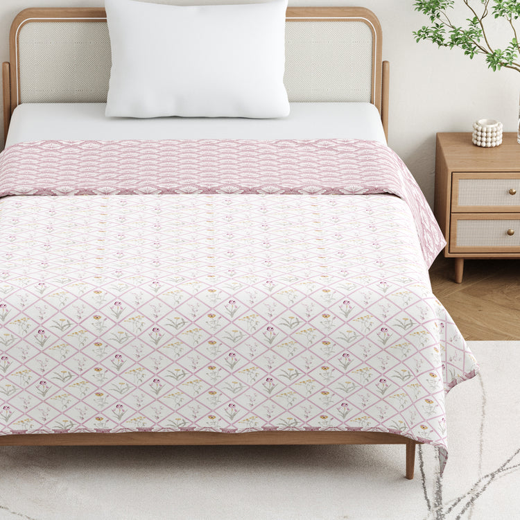 Cotton Mulmul Dohar For Single Bed Size Garden Of Tulip - Pink Dohar