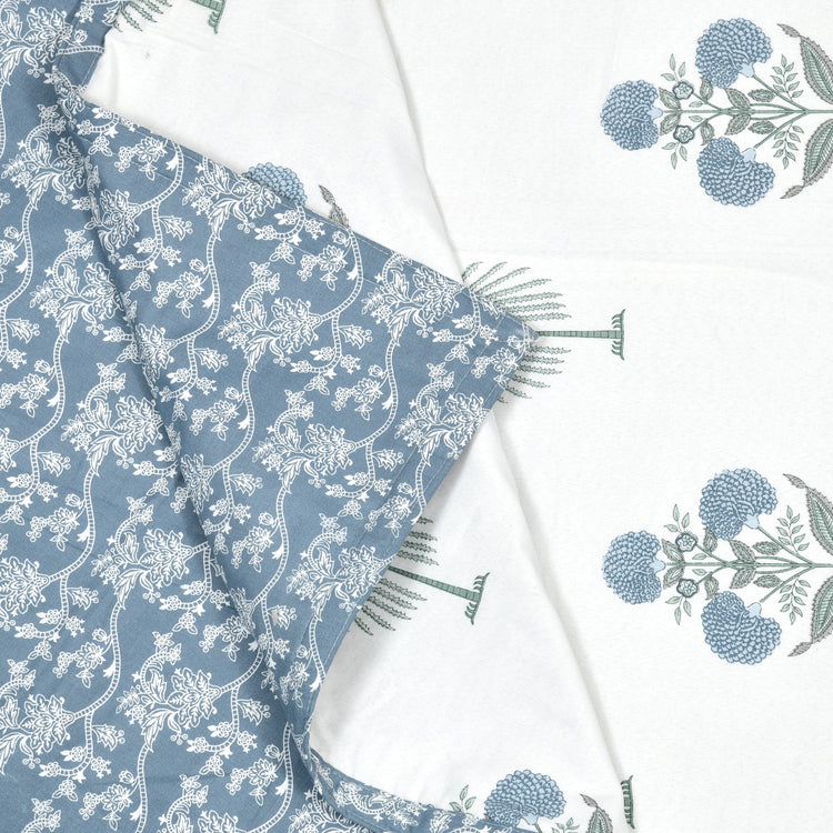 Reversible Hand block print cotton Mulmul Single size Dohar - Blue Flower