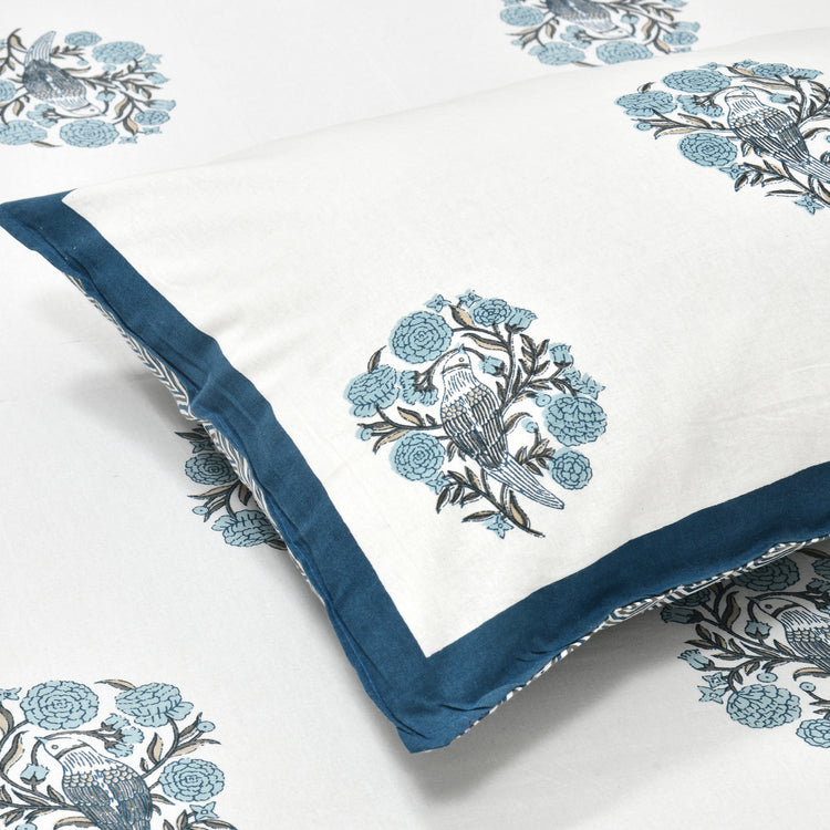 Cotton Hand Block Print Bedsheet Set - Wings-blue