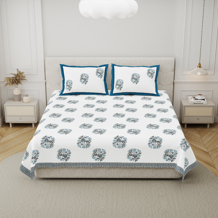 Cotton Hand Block Print Bedsheet Set - Wings-blue