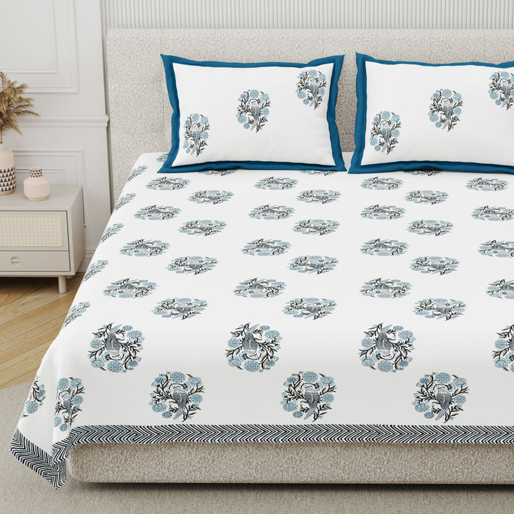 Cotton Hand Block Print Bedsheet Set - Wings-blue