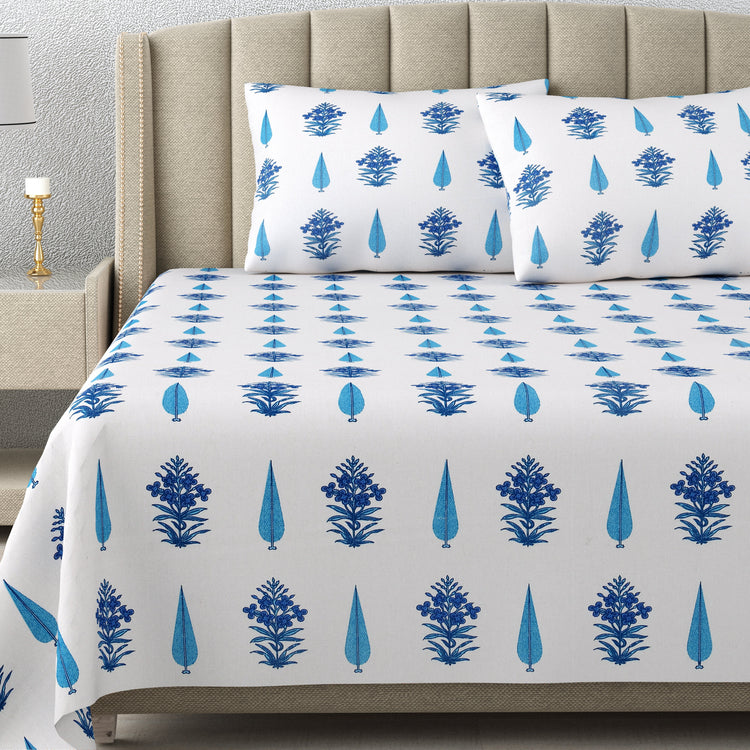 100% Cotton Block Print Bedsheet - Blooming Blue Booti