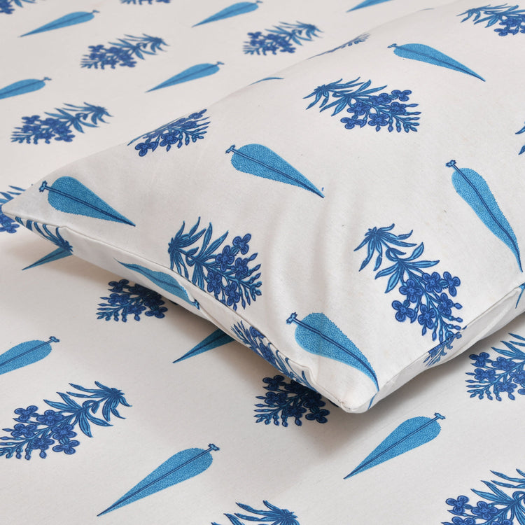 100% Cotton Block Print Bedsheet - Blooming Blue Booti