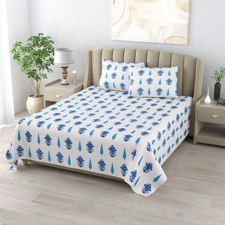 100% Cotton Block Print Bedsheet - Blooming Blue Booti