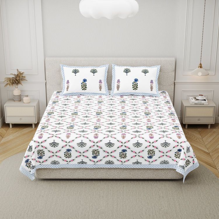 100% Cotton king size Block Print Bedsheet 90x108" - Mosiac of flowers