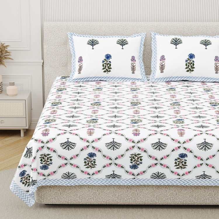 100% Cotton king size Block Print Bedsheet 90x108" - Mosiac of flowers