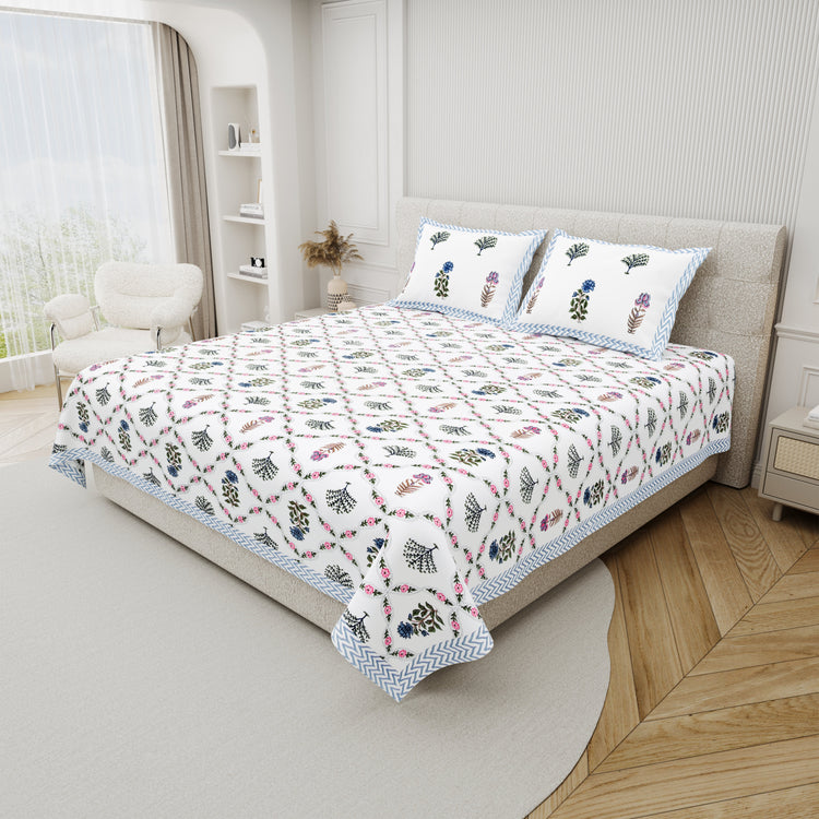 100% Cotton king size Block Print Bedsheet 90x108" - Mosiac of flowers