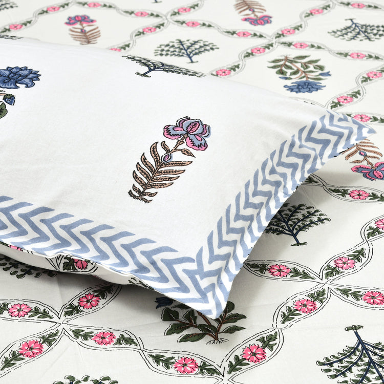 100% Cotton king size Block Print Bedsheet 90x108" - Mosiac of flowers