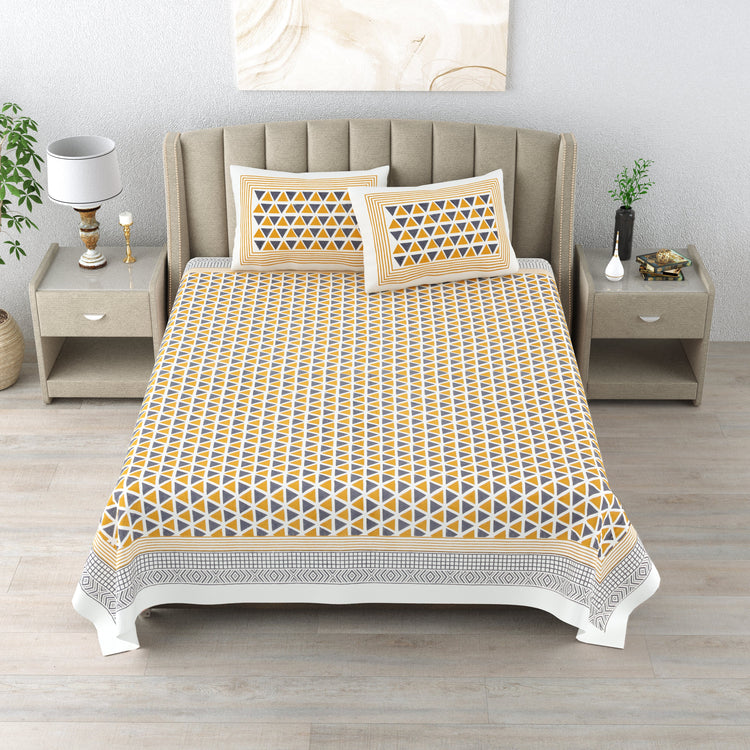 Super king Cotton Hand Block Printed Bedsheet - Imperial Pyramid Yellow