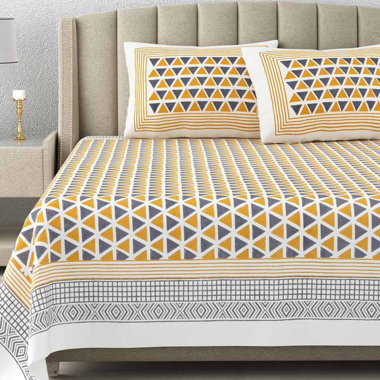 Super king Cotton Hand Block Printed Bedsheet - Imperial Pyramid Yellow
