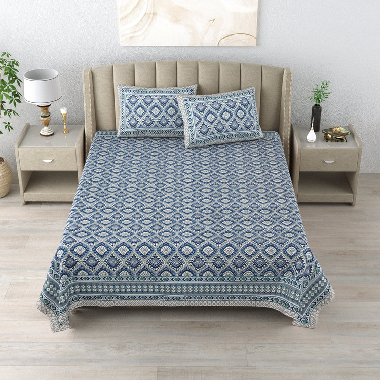 100% Cotton Ikat Designer Printed Bedsheet - Blue