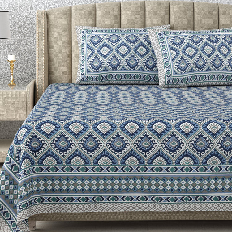100% Cotton Ikat Designer Printed Bedsheet - Blue