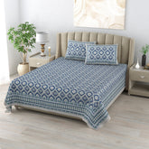 100% Cotton Ikat Designer Printed Bedsheet - Blue
