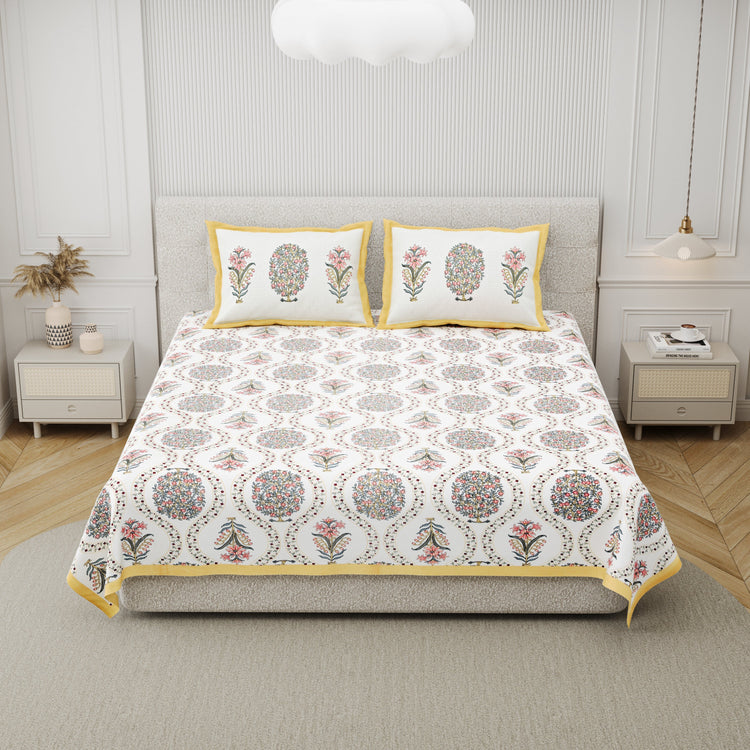 100% Cotton Block Print Bedsheet - Yellow Tree