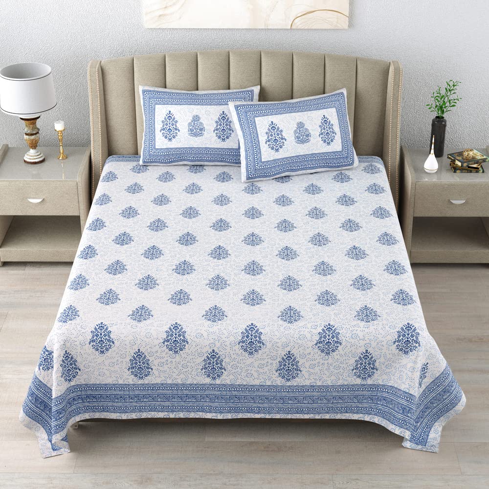 100% Cotton Handblock Print Bedsheet - Block Blue