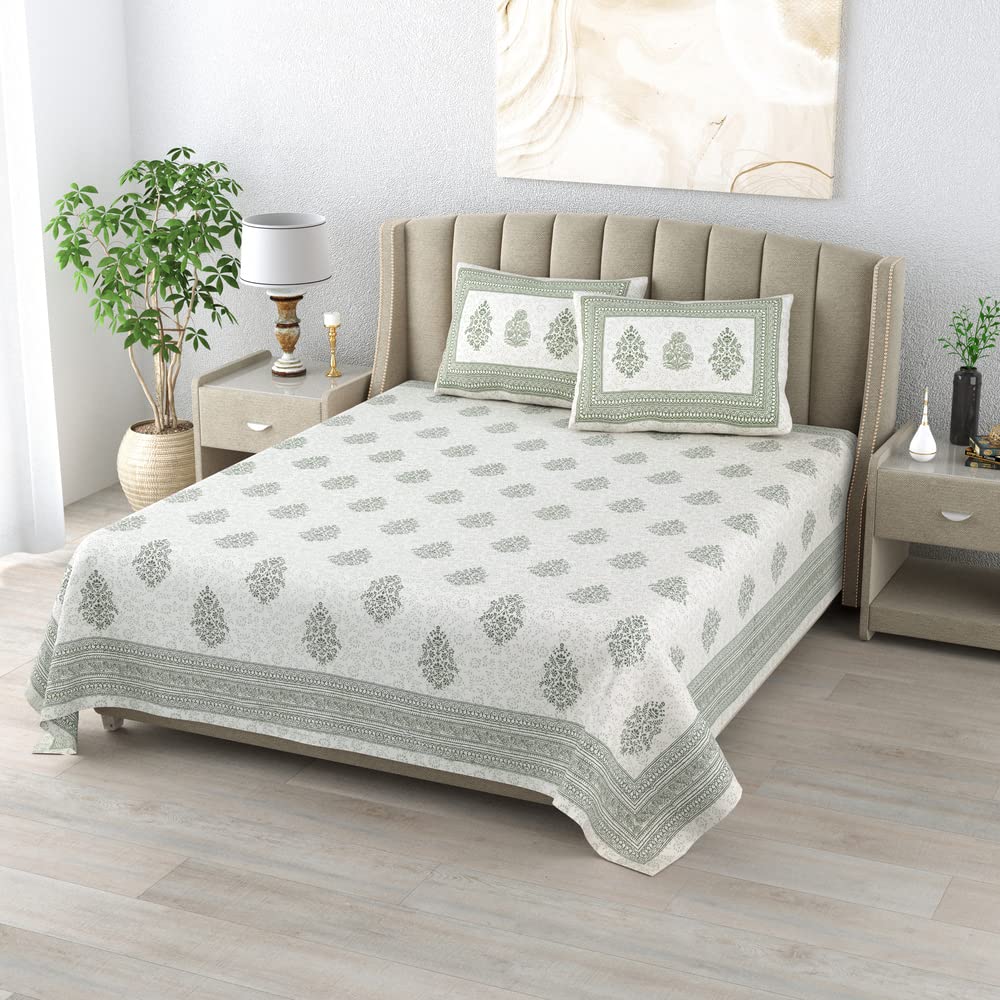 100% Cotton Handblock Print Bedsheet - Block Green