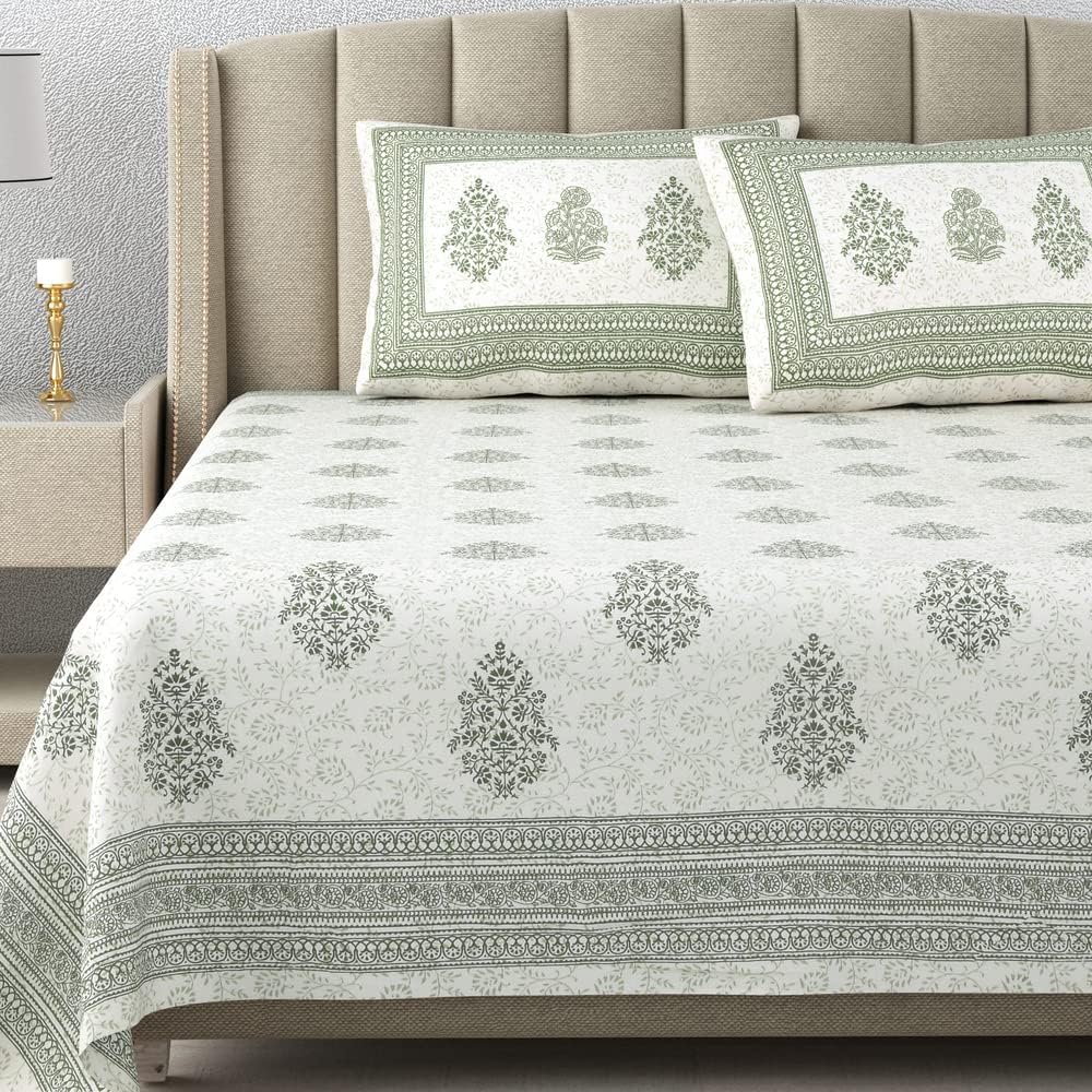 100% Cotton 300 TC King Size Bedsheet Combo Set for Double Bed 90x108 Inches with 4 Pillow Covers 17x27 | Hand Block Printed Bedsheet Combo – Blue/Green | Combo Offer