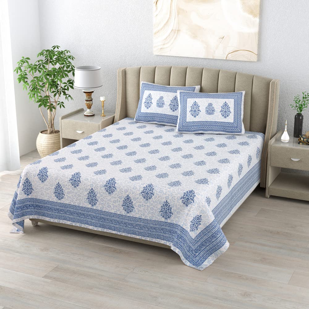 100% Cotton Handblock Print Bedsheet - Block Blue
