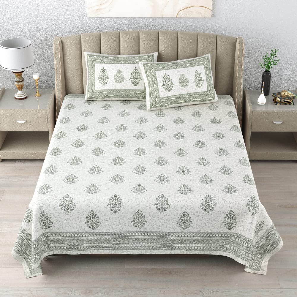 100% Cotton Handblock Print Bedsheet - Block Green