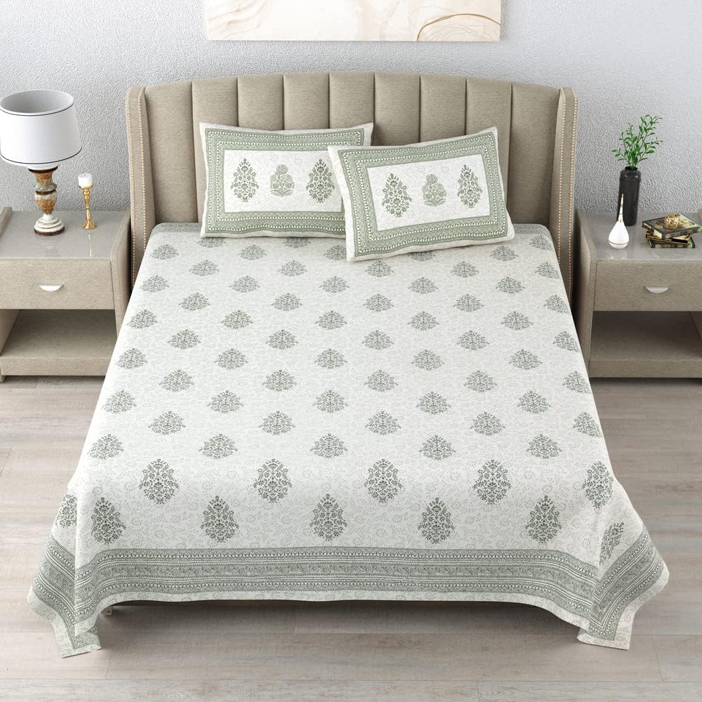Cotton King Size Bedsheet Combo Set for Double Bed with 4 Pillow Covers – Handblock Green/Blue