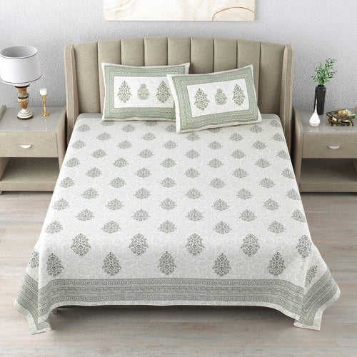 100% Cotton 300 TC King Size Bedsheet Combo Set for Double Bed 90x108 Inches with 4 Pillow Covers 17x27 | Hand Block Printed Bedsheet Combo – Blue/Green | Combo Offer