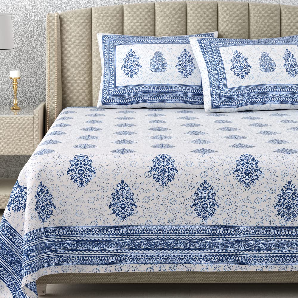100% Cotton Handblock Print Bedsheet - Block Blue