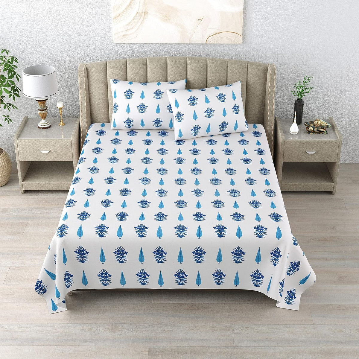 100% Cotton 300 TC King Size Bedsheet Combo Set for Double Bed 90x108 Inches with 4 Pillow Covers 17x27 | Hand Block Printed Bedsheet Combo – Red/Blue | Combo Offer