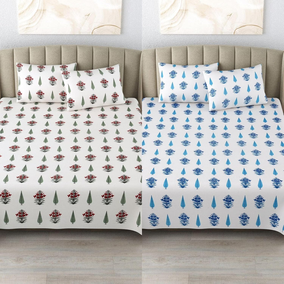 100% Cotton 300 TC King Size Bedsheet Combo Set for Double Bed 90x108 Inches with 4 Pillow Covers 17x27 | Hand Block Printed Bedsheet Combo – Red/Blue | Combo Offer