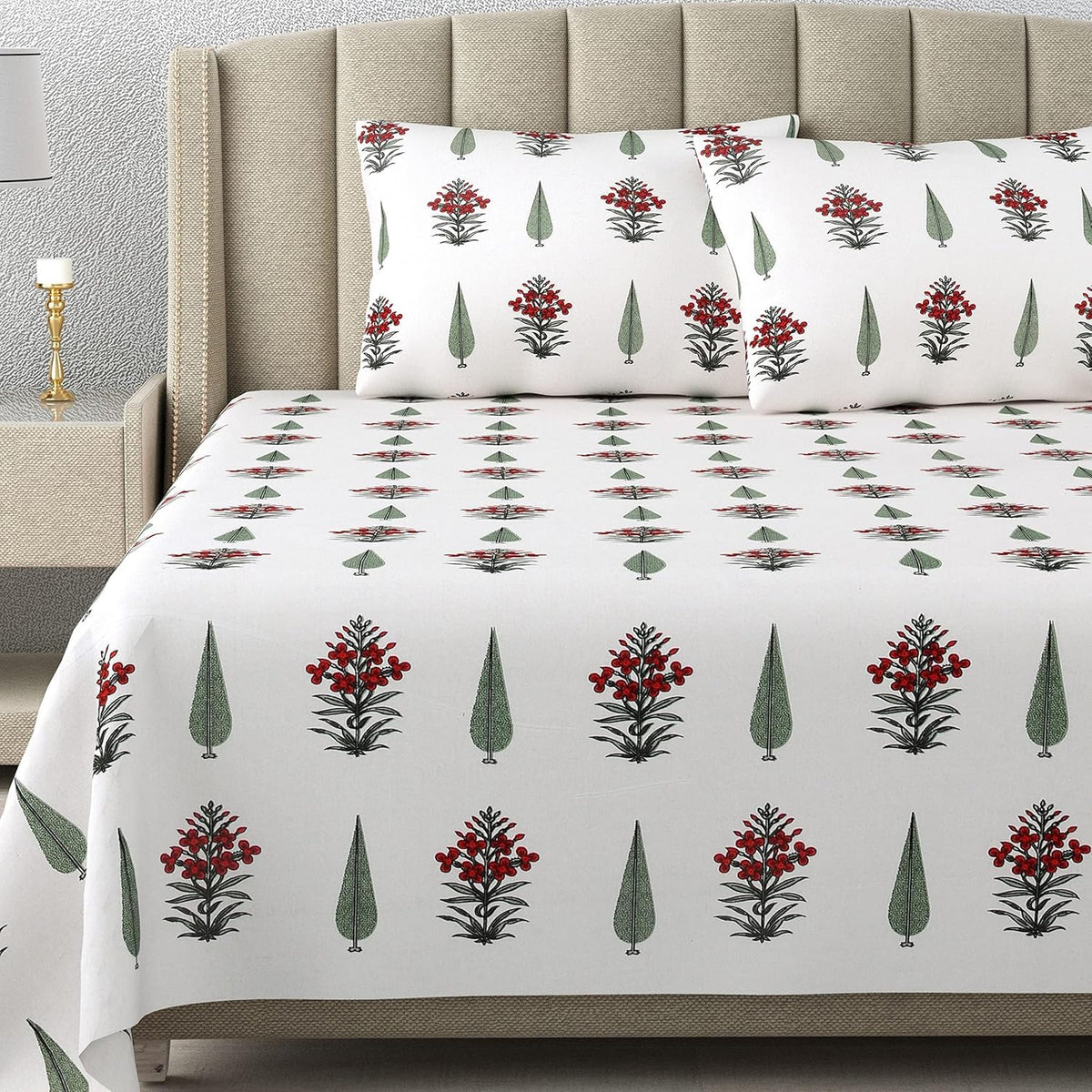 100% Cotton 300 TC King Size Bedsheet Combo Set for Double Bed 90x108 Inches with 4 Pillow Covers 17x27 | Hand Block Printed Bedsheet Combo – Red/Blue | Combo Offer