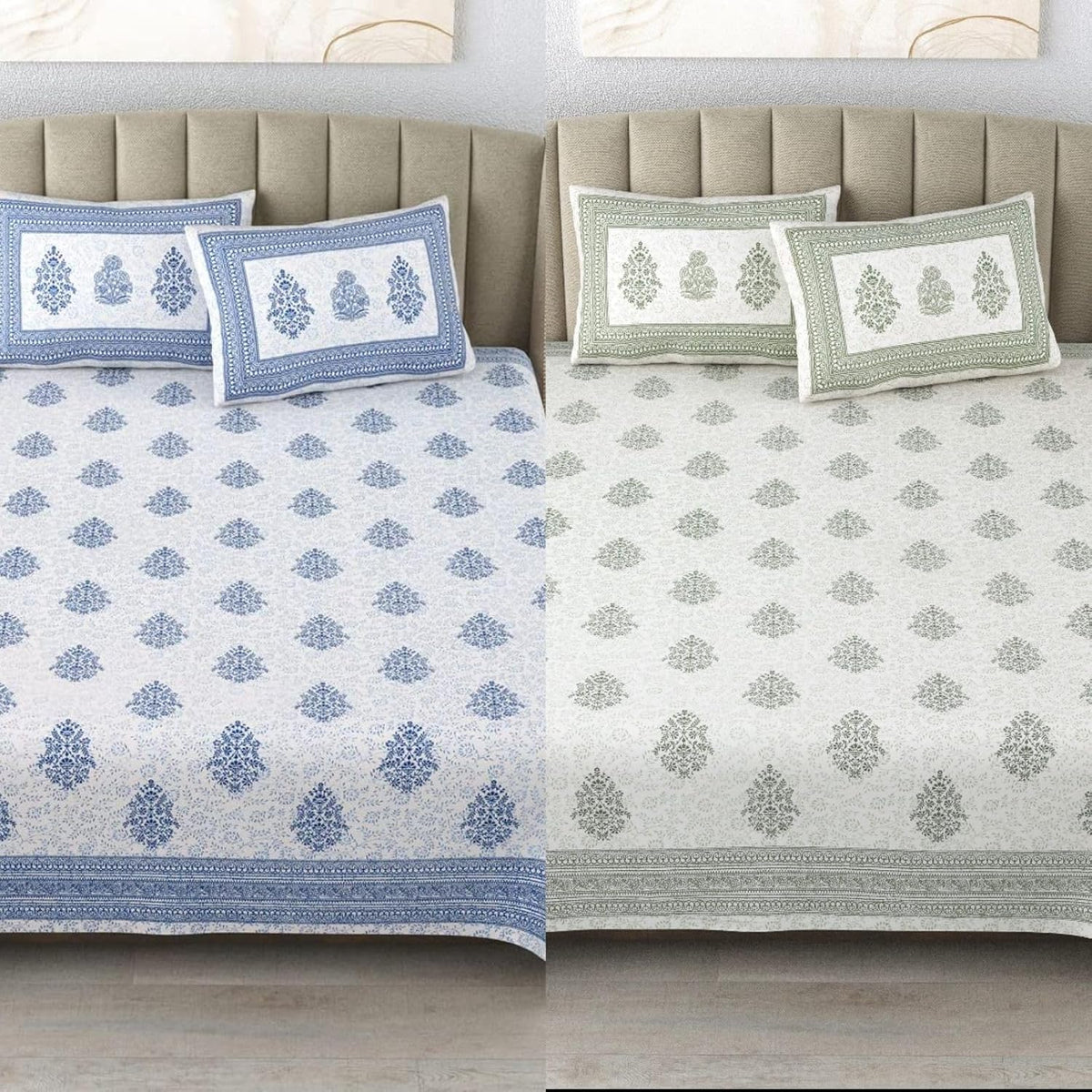 100% Cotton 300 TC King Size Bedsheet Combo Set for Double Bed 90x108 Inches with 4 Pillow Covers 17x27 | Hand Block Printed Bedsheet Combo – Blue/Green | Combo Offer