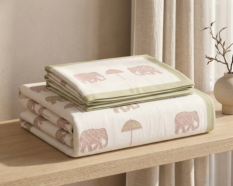 Pastel Contemporary Motifs - Premium Cotton Handblock Print Bedsheet Set