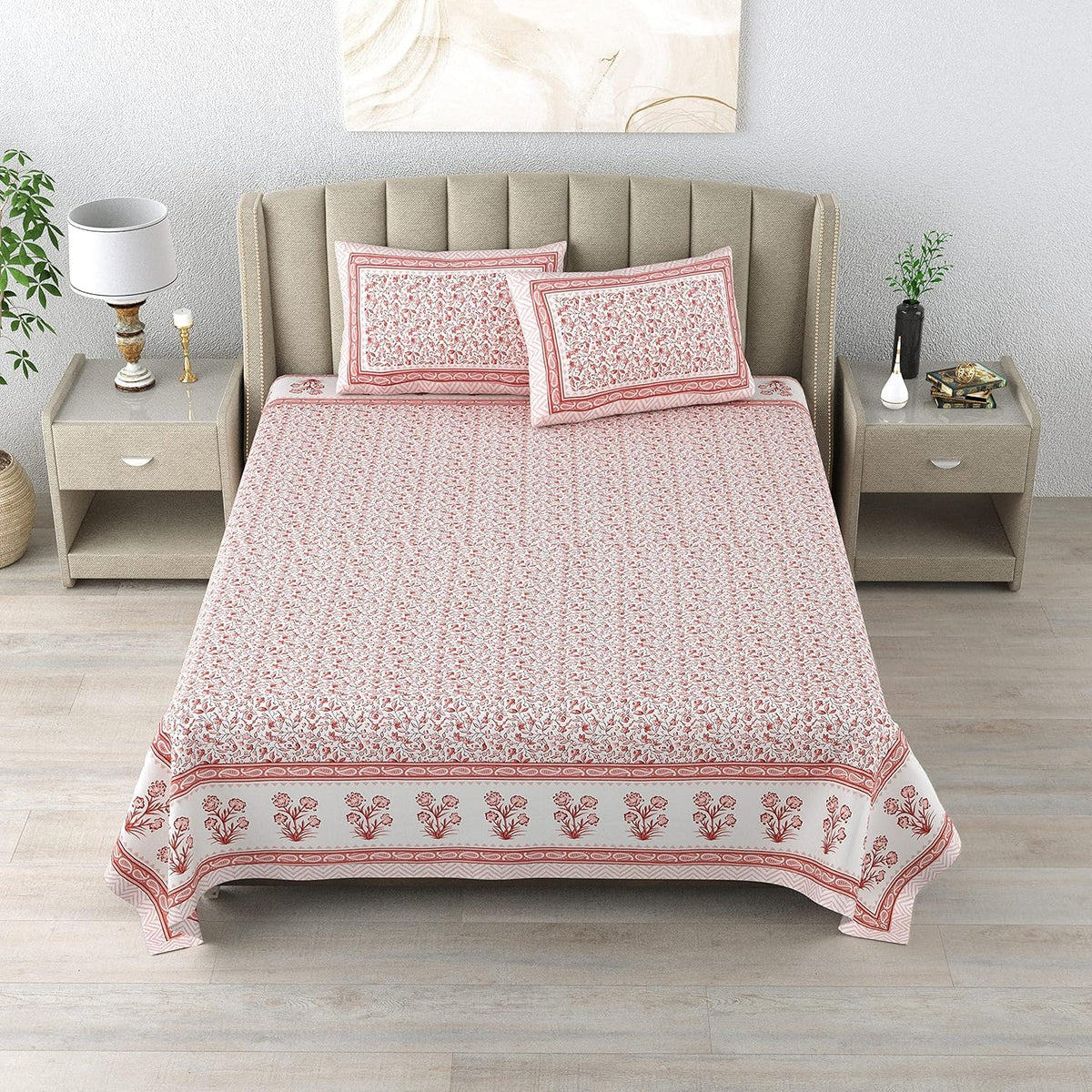 100% Cotton 300 TC King Size Bedsheet Combo Set for Double Bed 90x108 Inches with 4 Pillow Covers 17x27 | Hand Block Printed Bedsheet Combo – Pink/Blue | Combo Offer