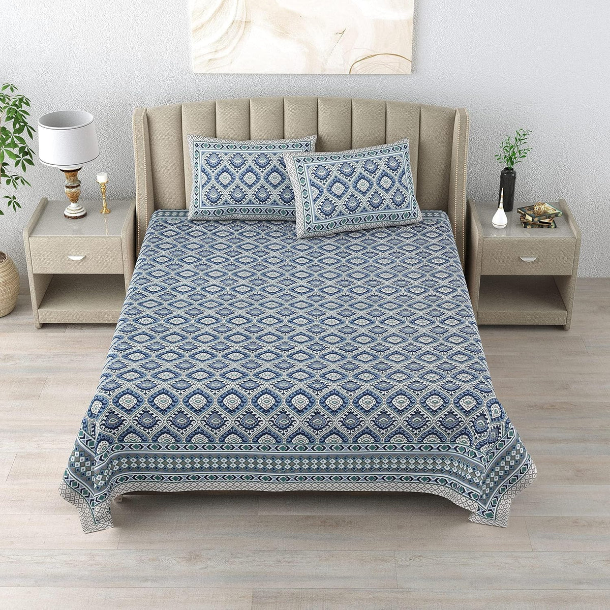 100% Cotton 300 TC King Size Bedsheet Combo Set for Double Bed 90x108 Inches with 4 Pillow Covers 17x27 | Hand Block Printed Bedsheet Combo – Ikat Red/Ikat Blue | Combo Offer